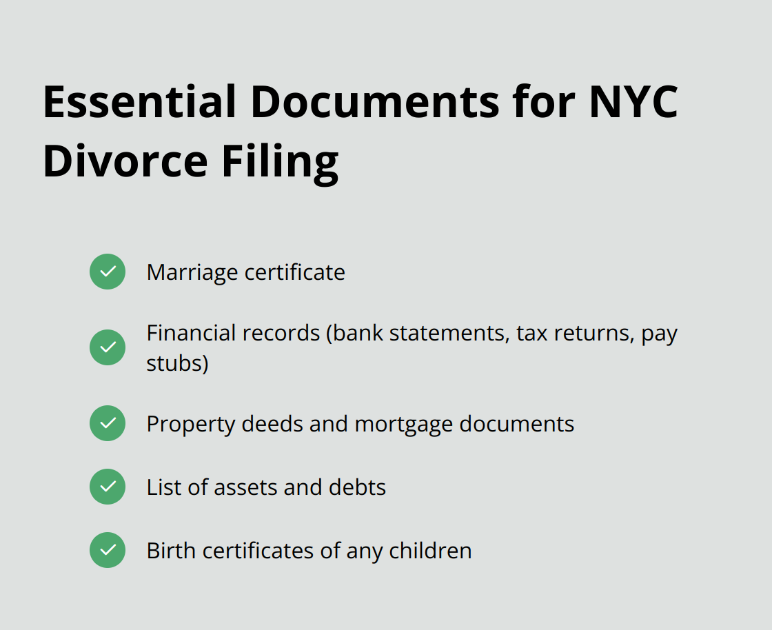 Checkmark list of essential documents needed for filing divorce in NYC